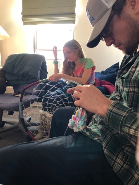 Dave crochets a jellyfish.